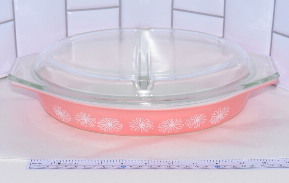 Vintage Pyrex Pink Daisy 12" Oval Divided Vegetable Dish with Glass Lid 1.5qt